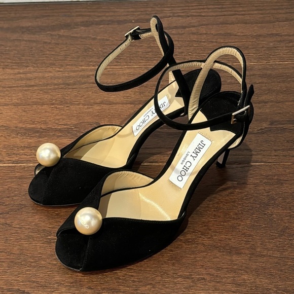 NWT Jimmy Choo Women's Black Suede Sacora 85 Embellished Heel Sandals Size 38.5 - Picture 7 of 14